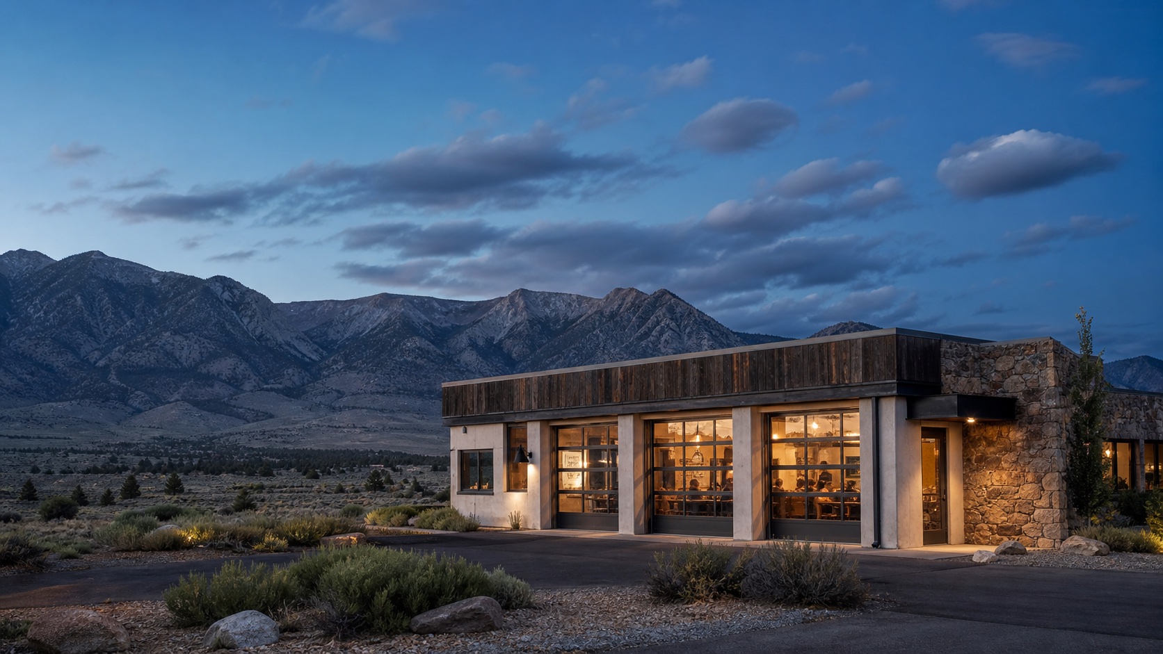 Granite Hour restaurant beneath the Eastern Sierra at dusk